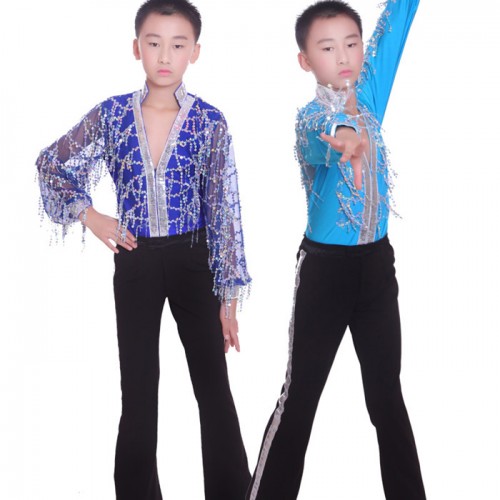Royal blue Dance costumes for boys kids latin dancing pants+shirt dance wear boy ballroom dance costumes modern  dancewear tango samba
